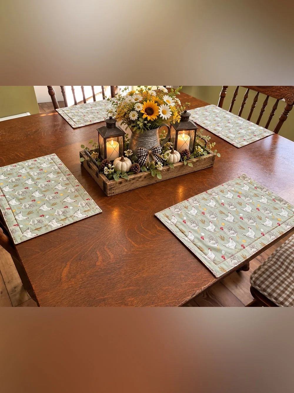 Handmade Farmhouse Green Chicken Quilted Placemats - Set of 4